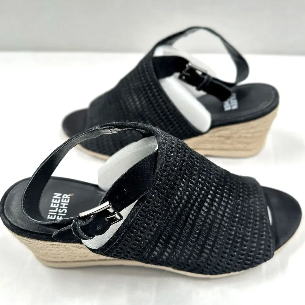 Eileen Fisher Espadrille Sandals 9 Aura Black Suede Mesh Slingback Wedge Shoes